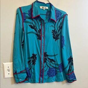 Diane Von Furstenberg Blue and Purple Floral Long Sleeve Shirt Blouse